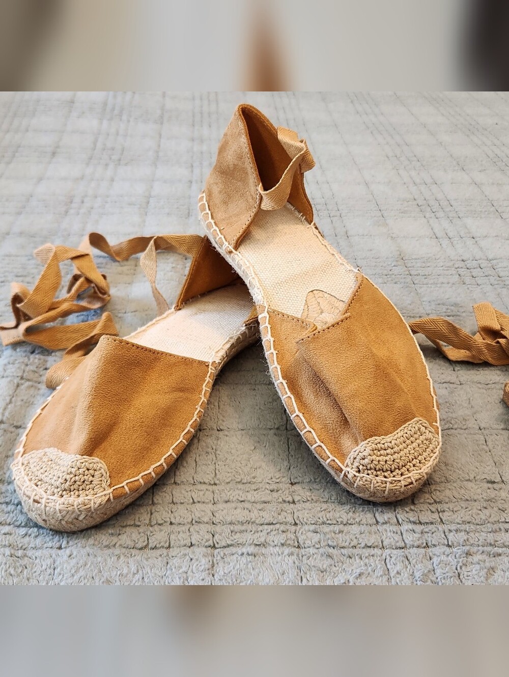 Tan Suede Look Espadrille Tie-Back Flats - Women, 7